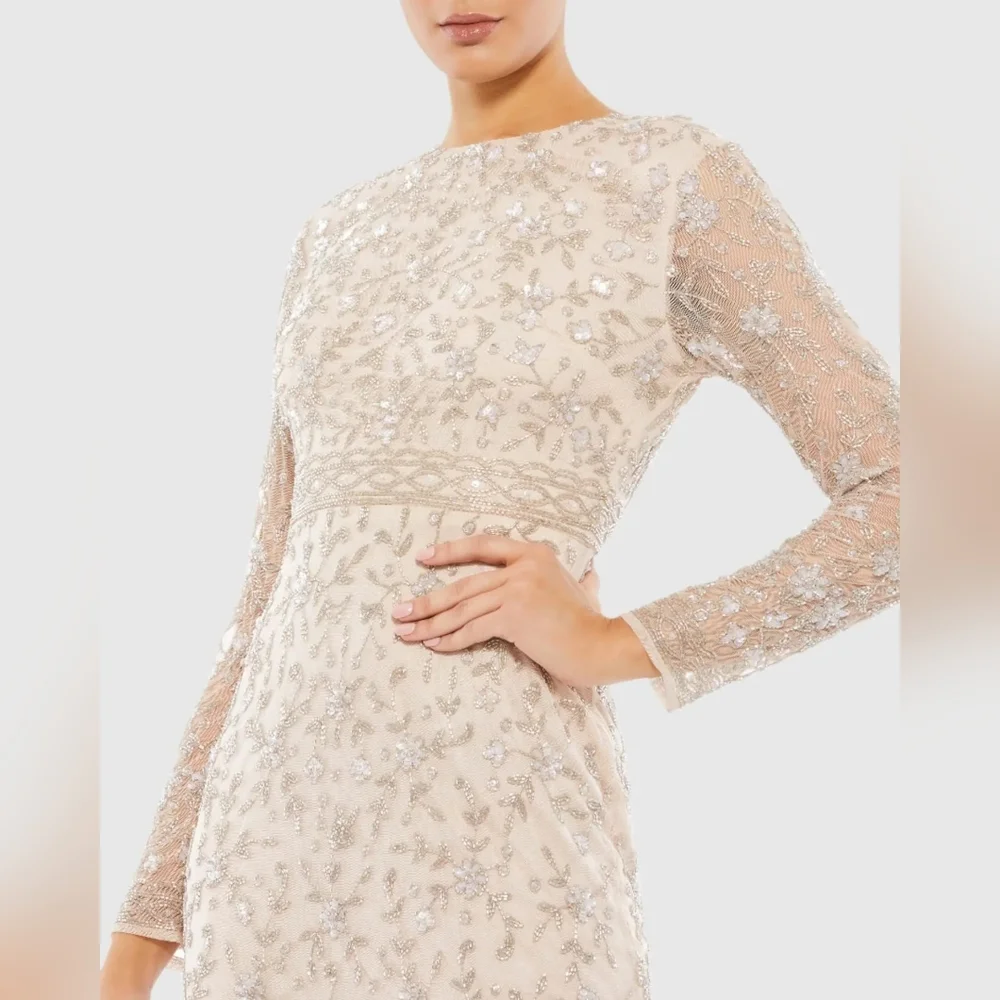 Mac Duggal Beige Beaded Tea Length Dress w/ Sheer Sleeves - Picture 2 of 6